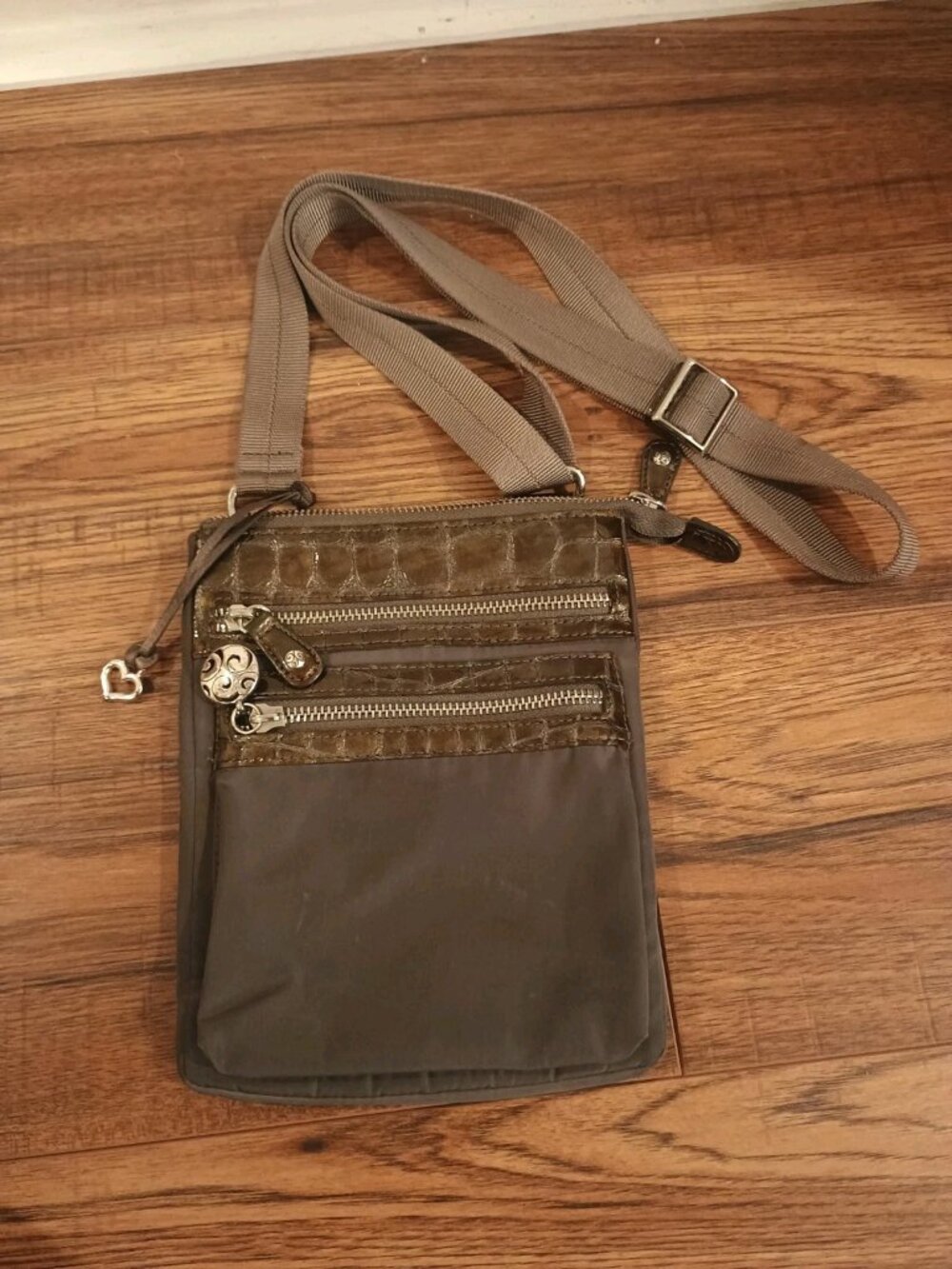 Brighton Go Go crossbody messenger bag nylon croc patent leather croc gray